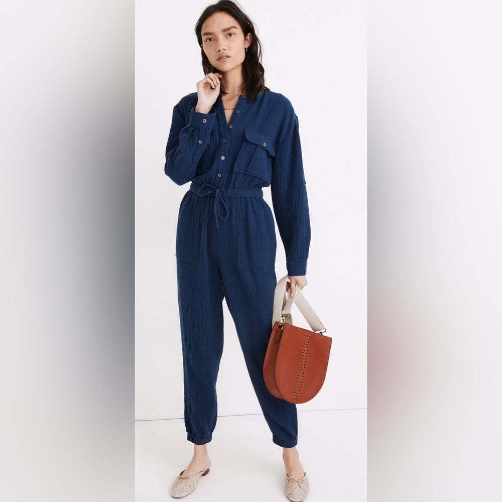 Madewell Navy Blue Textured Utility Jumpsuit